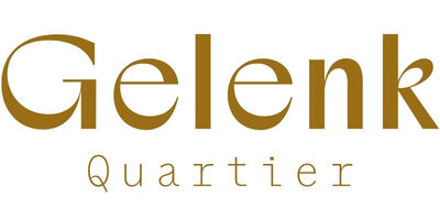 Goldenes Logo mit Schriftzug „Gelenk Quartier“ auf weißem Hintergrund.