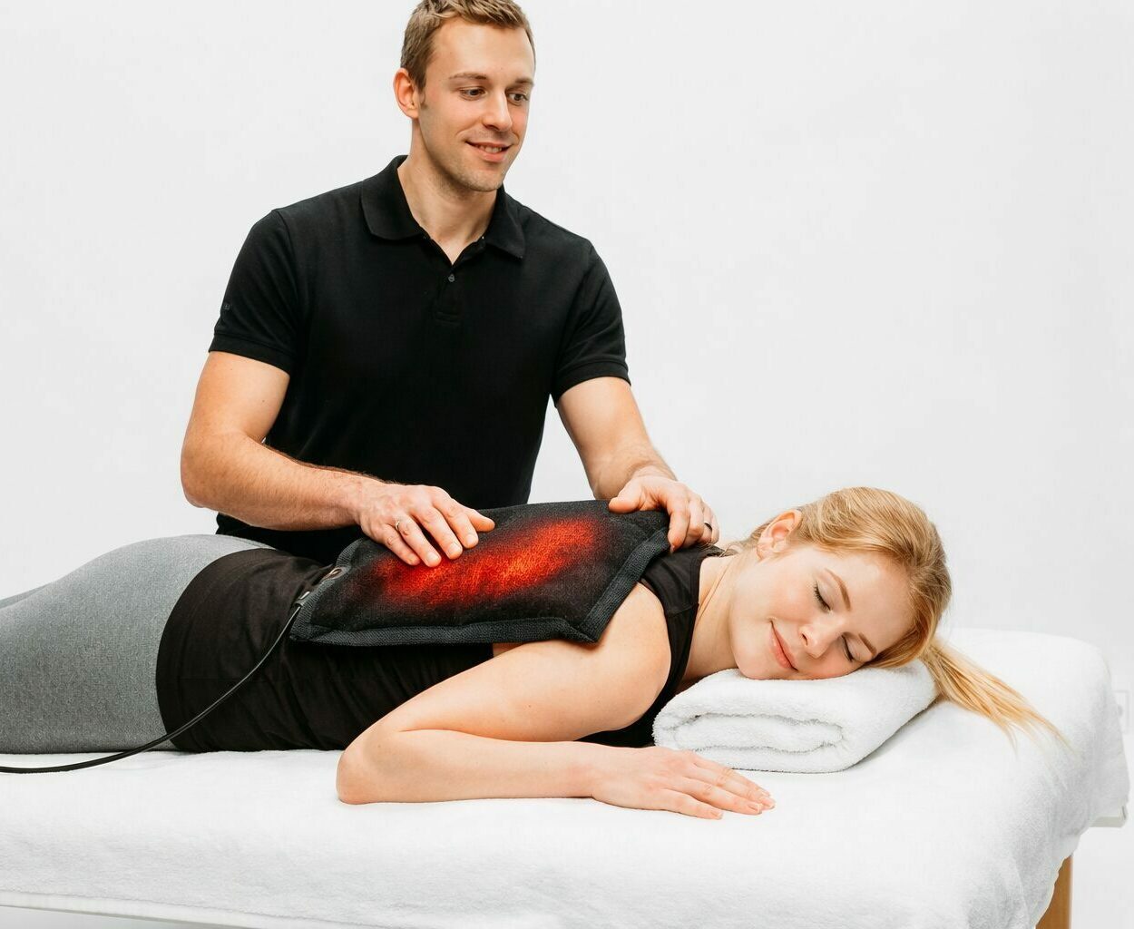 Therapeut legt Wärmekissen auf den Rücken einer entspannten Patientin auf der Behandlungsliege in der Physiotherapie.