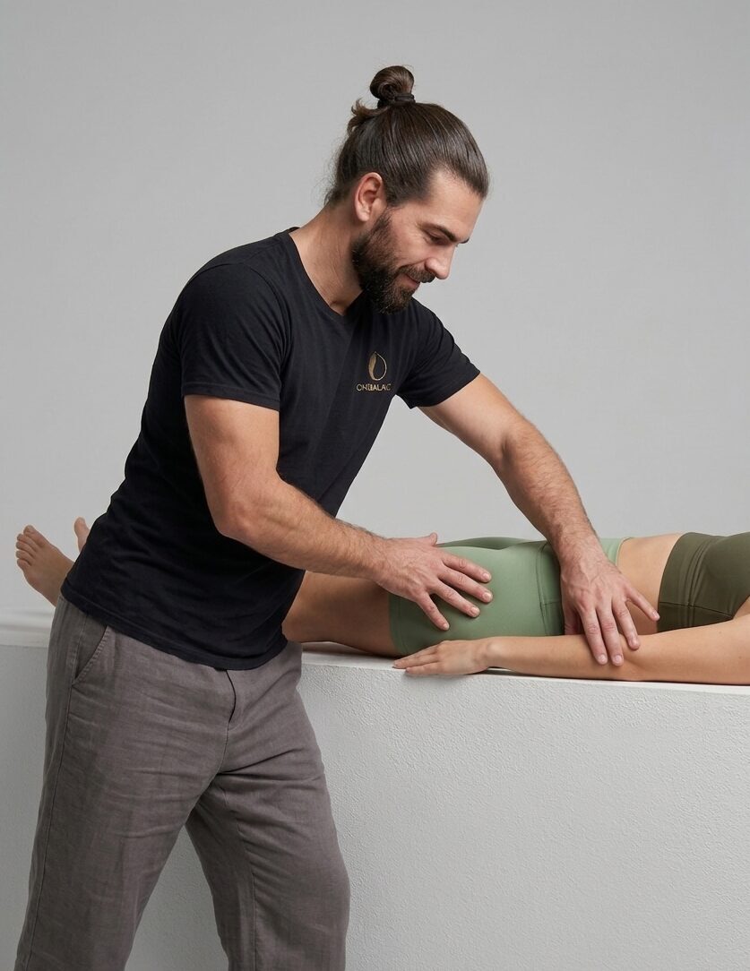 Physiotherapeut führt eine manuelle Lymphdrainage am Bein einer Patientin auf der Behandlungsliege durch – Lymphdrainage Karlsruhe