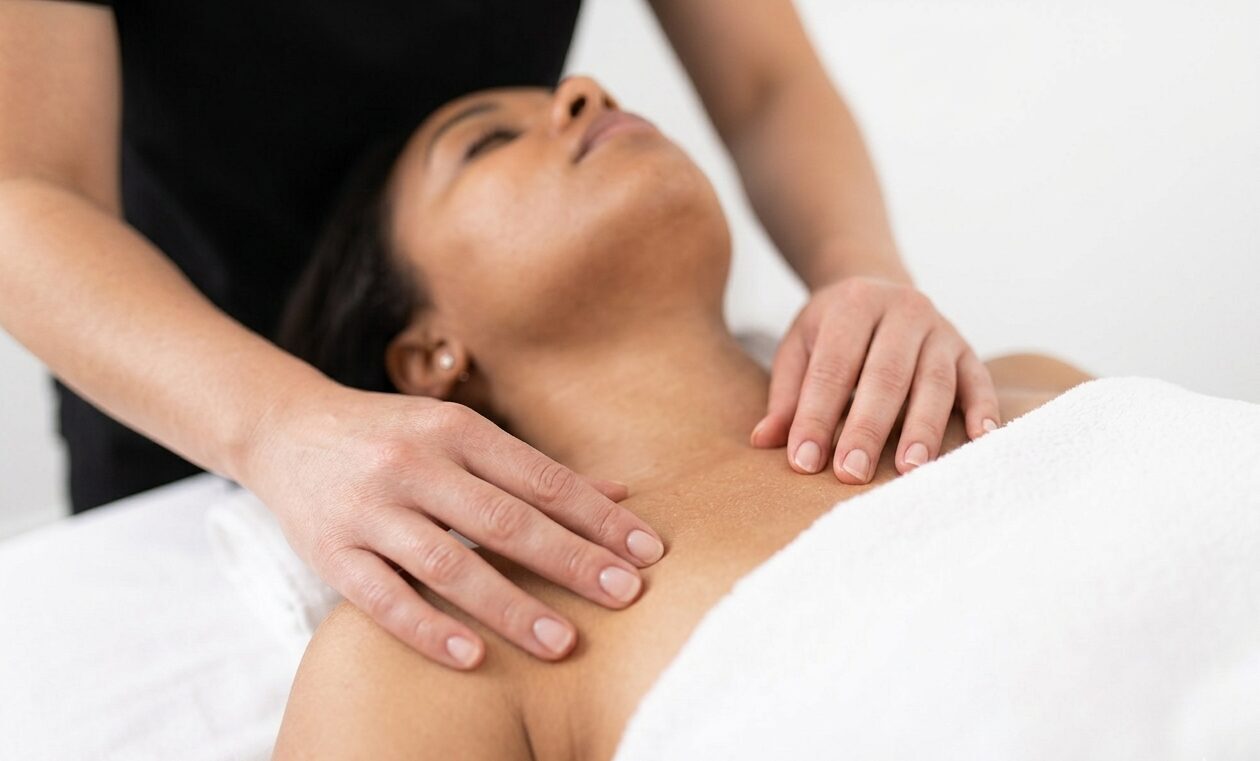 Therapeutin führt Lymphdrainage nach Brustoperation im Brust- und Schulterbereich durch, Patientin liegt entspannt auf der Behandlungsliege
