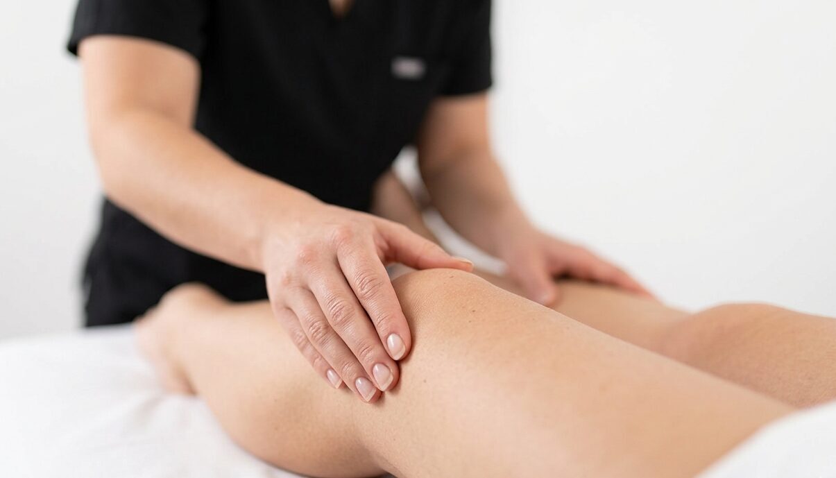 Therapeut führt manuelle Lymphdrainage am Bein durch – zur Abschwellung und Regeneration nach Knieoperation