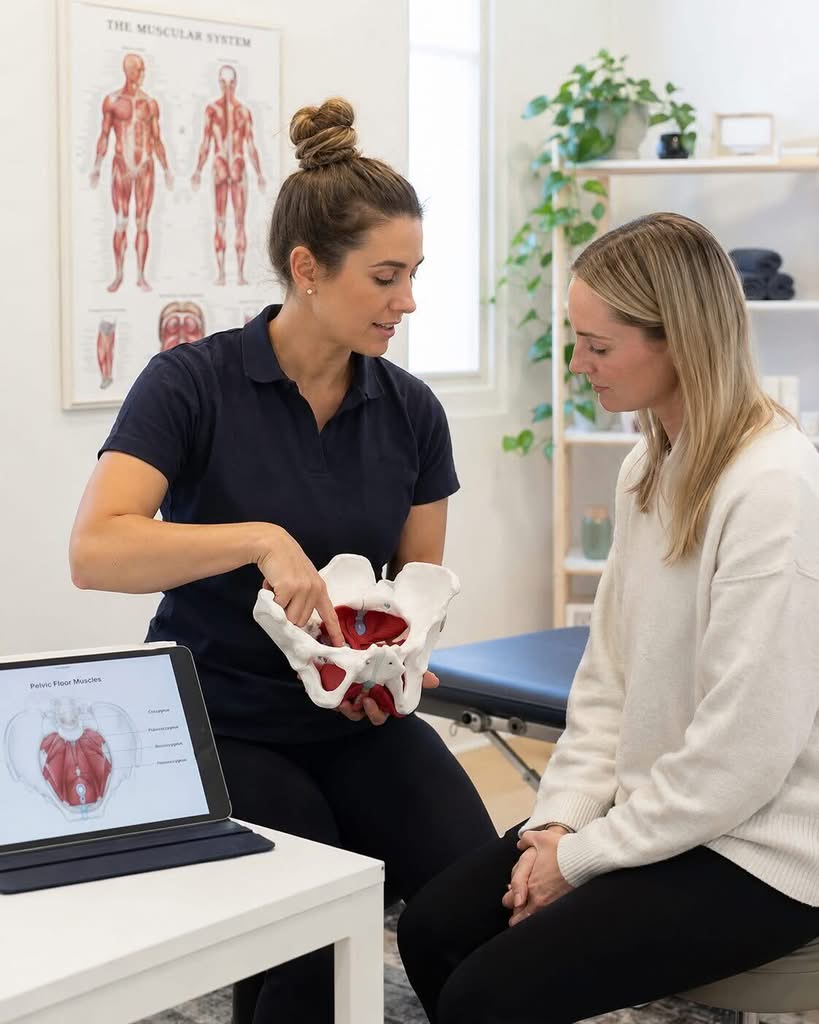 Physiotherapeutin erklärt einer Patientin den Beckenboden mit einem anatomischen Beckenmodell in einer hellen Praxis.