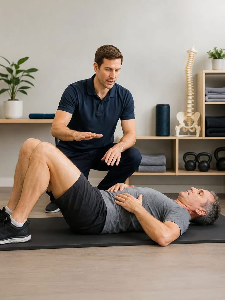 Physiotherapeut erklärt einem Mann auf der Matte eine Übung zum Beckenbodentraining in Karlsruhe.