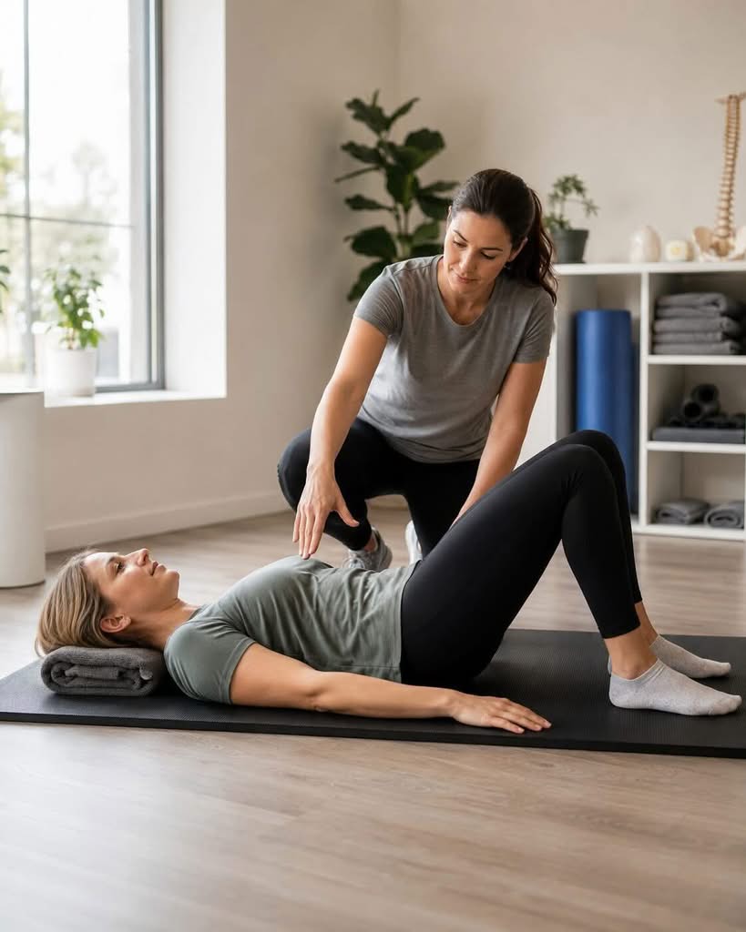 Trainerin unterstützt eine Frau bei einer Physiotherapie-Übung auf der Matte in einem hellen Trainingsraum.