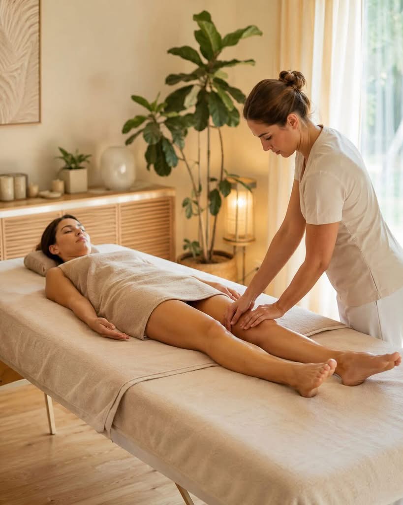 Therapeutin massiert die Beine einer Frau auf der Massageliege in einem ruhigen Spa-Raum mit warmem Licht.