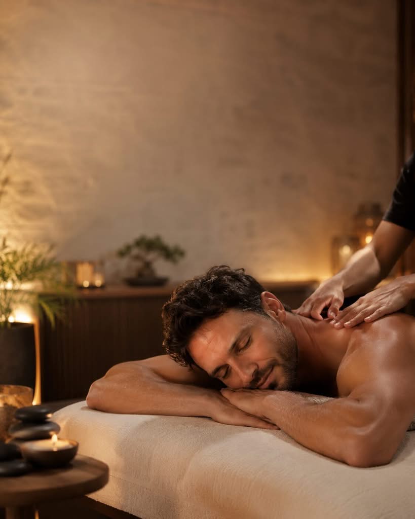 Mann liegt entspannt auf der Massageliege und bekommt eine Ganzkörpermassage in Karlsruhe in ruhiger Spa-Atmosphäre