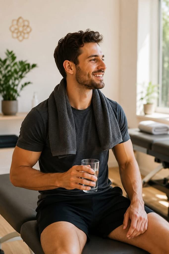 Lächelnder Mann sitzt nach dem Training mit Handtuch um den Hals und hält ein Glas Wasser in einem hellen Raum.
