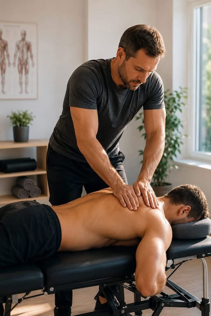 Physiotherapeut führt eine Sportmassage in Karlsruhe durch für eine Rückenbehandlung bei einem Patienten auf der Behandlungsliege in einer hellen Praxis durch.