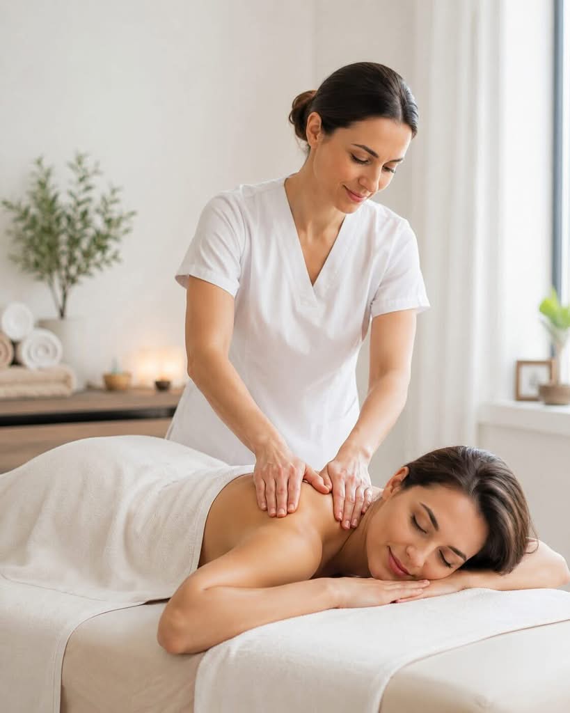 Therapeutin gibt einer Frau eine entspannende Wellnessmassage in Karlsruhe auf der Massageliege in einem hellen Spa-Raum.